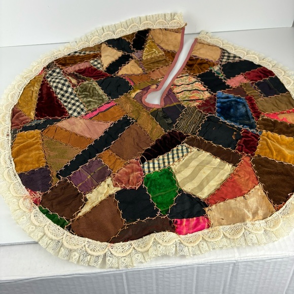 Antique hand-stitched crazy quilt small Christmas Tree Skirt-Farmhouse/Prim